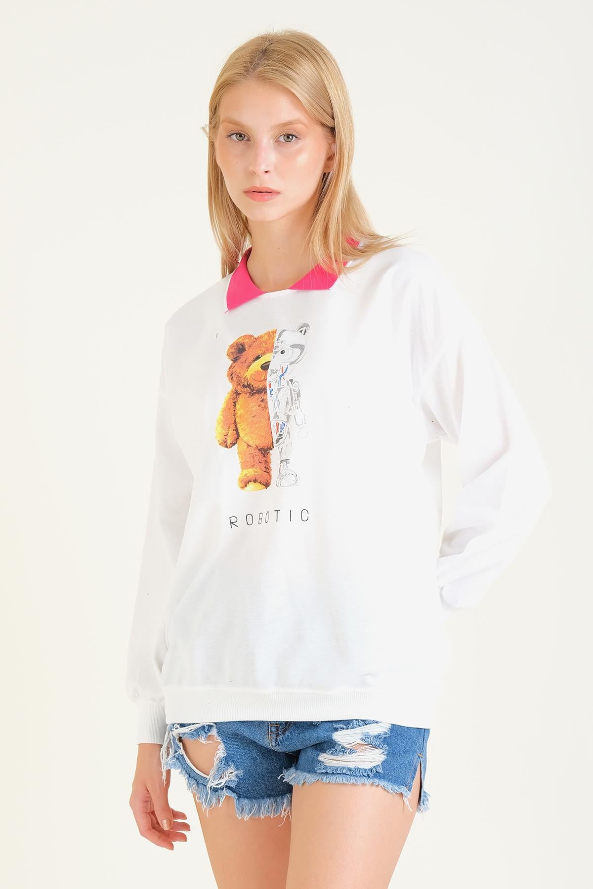 Kadın Baskılı Polo Yaka Sweatshirt Pembe