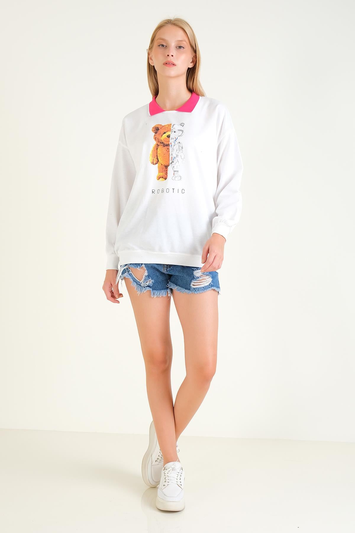 Kadın Baskılı Polo Yaka Sweatshirt Pembe