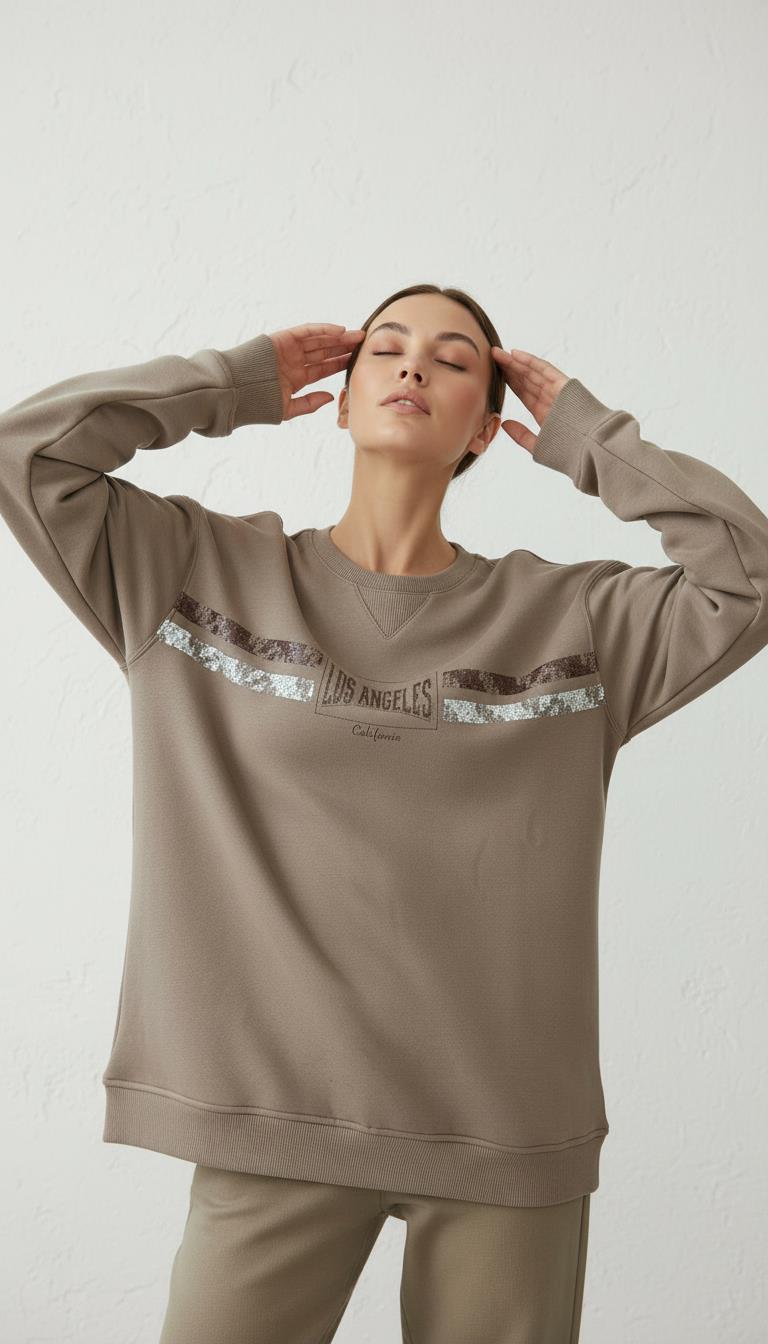 Kadın Baskılı Şardonlu Üç İp Şevval Sweatshirt Kahverengi
