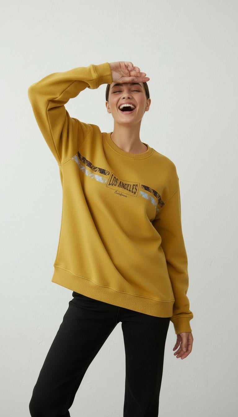 Kadın Baskılı Şardonlu Üç İp Şevval Sweatshirt Sarı