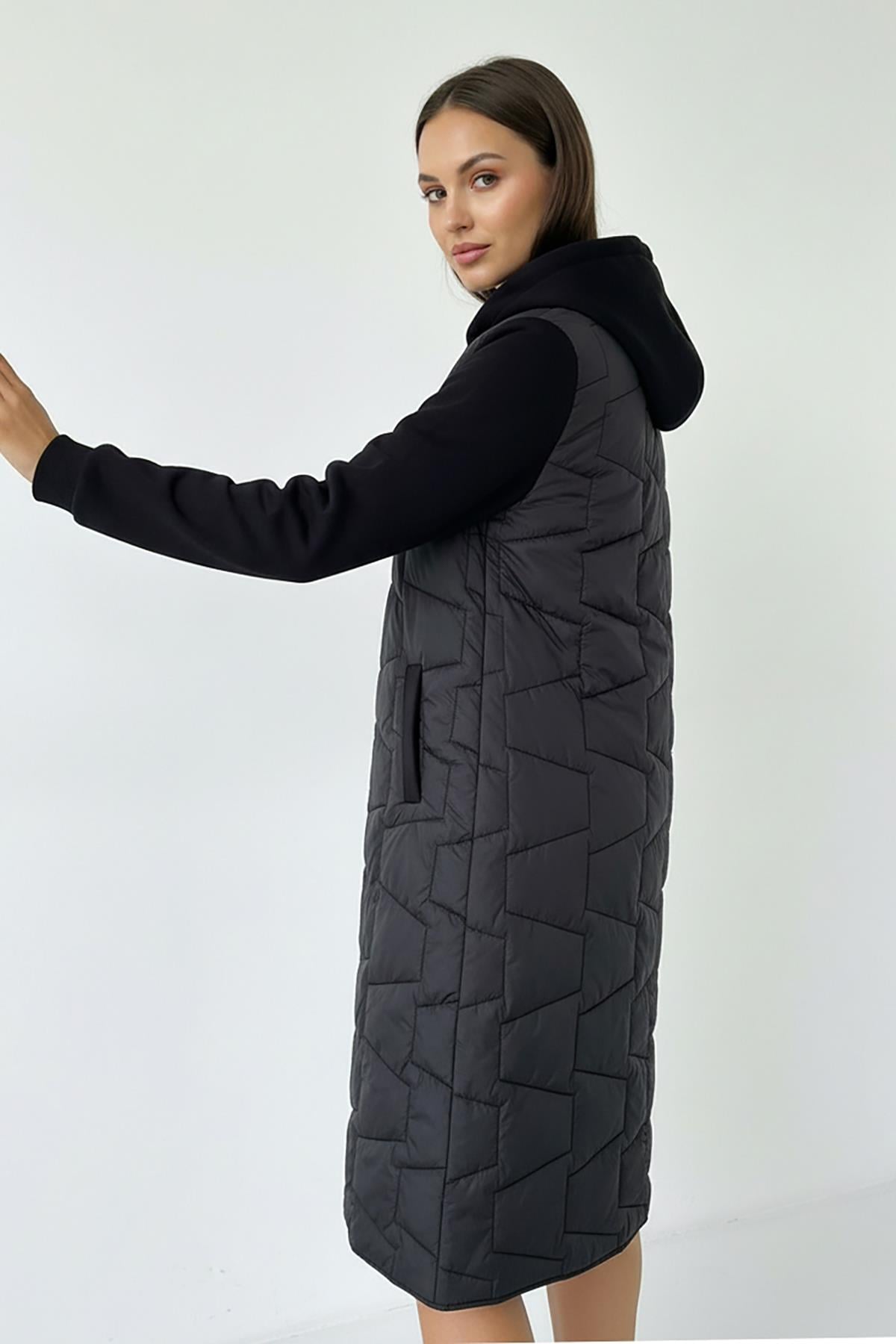 Kadın Battal Kapitone Mont Siyah 