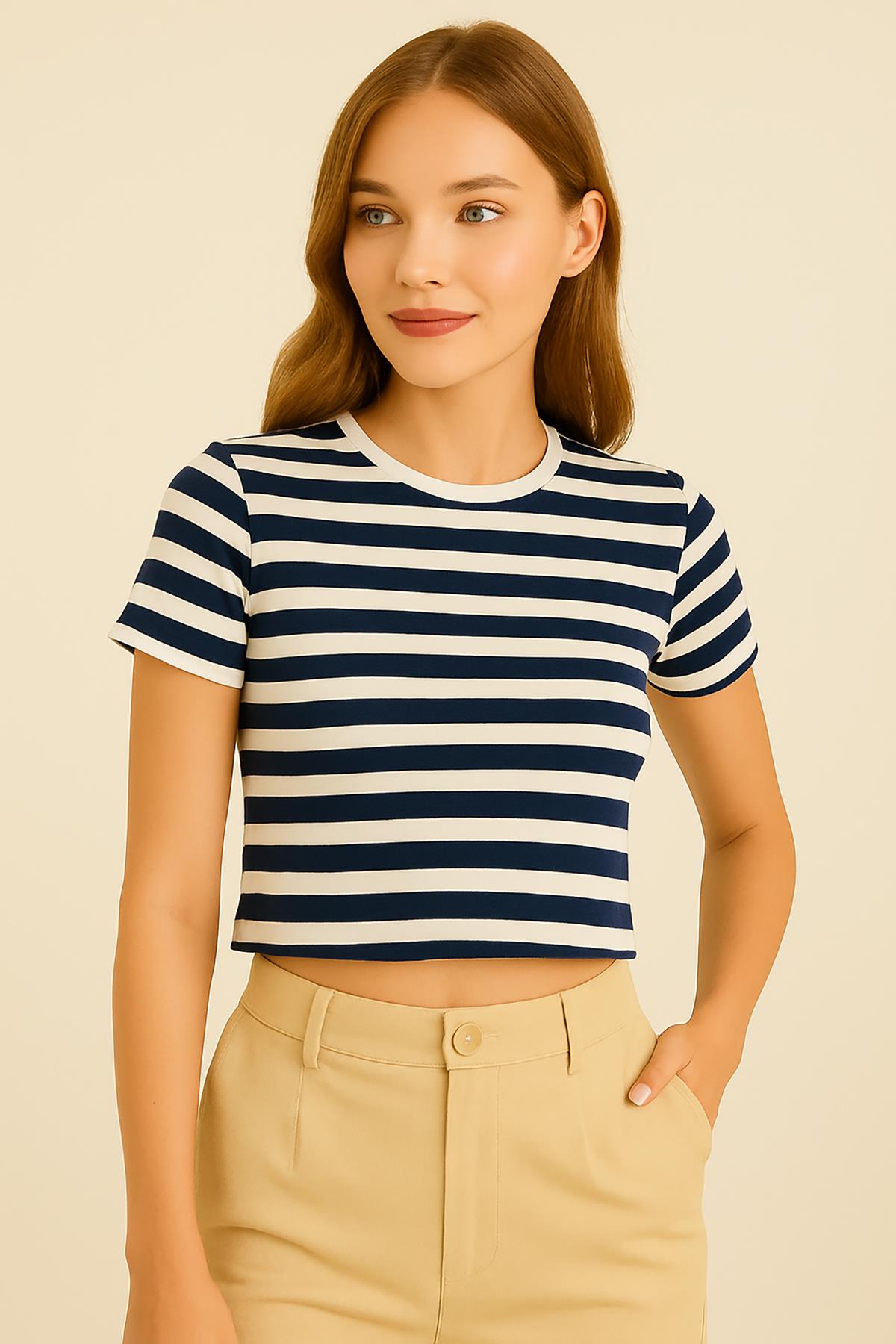 Kadın Çizgili Crop Tshirt Lacivert