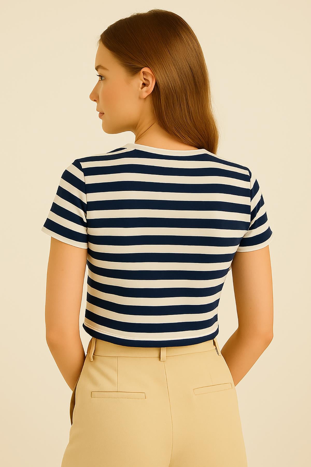 Kadın Çizgili Crop Tshirt Lacivert