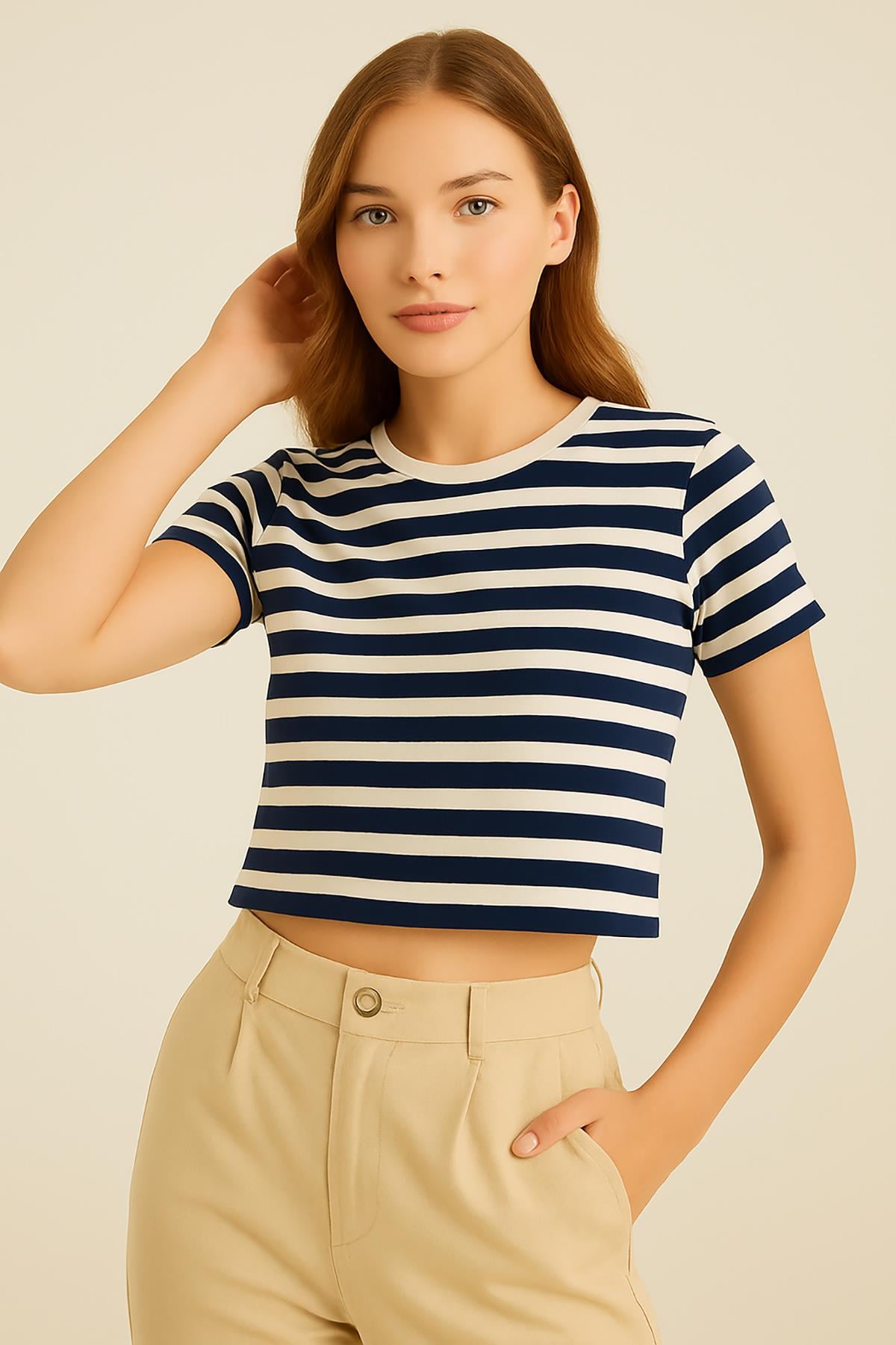 Kadın Çizgili Crop Tshirt Lacivert