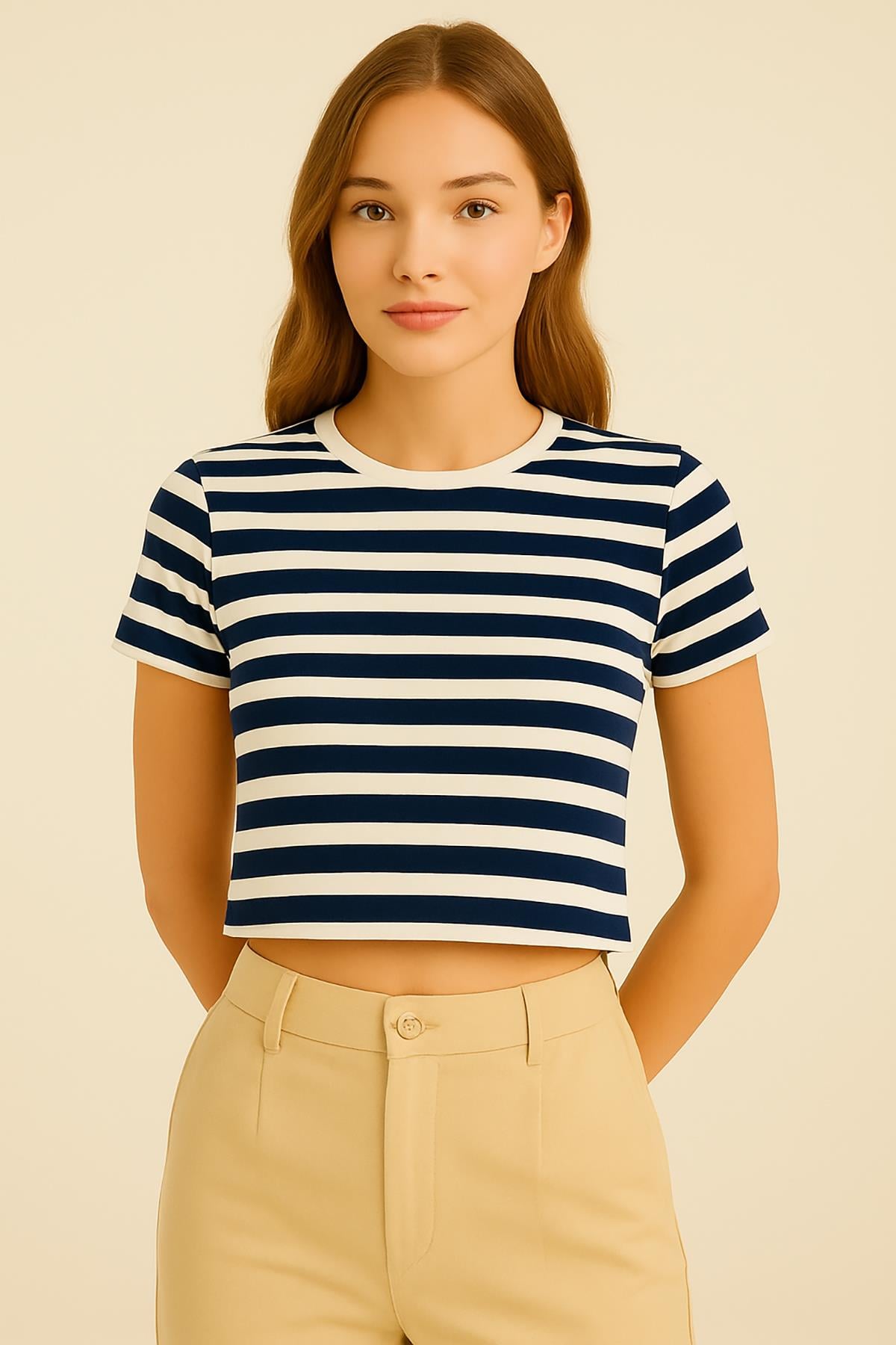 Kadın Çizgili Crop Tshirt Lacivert