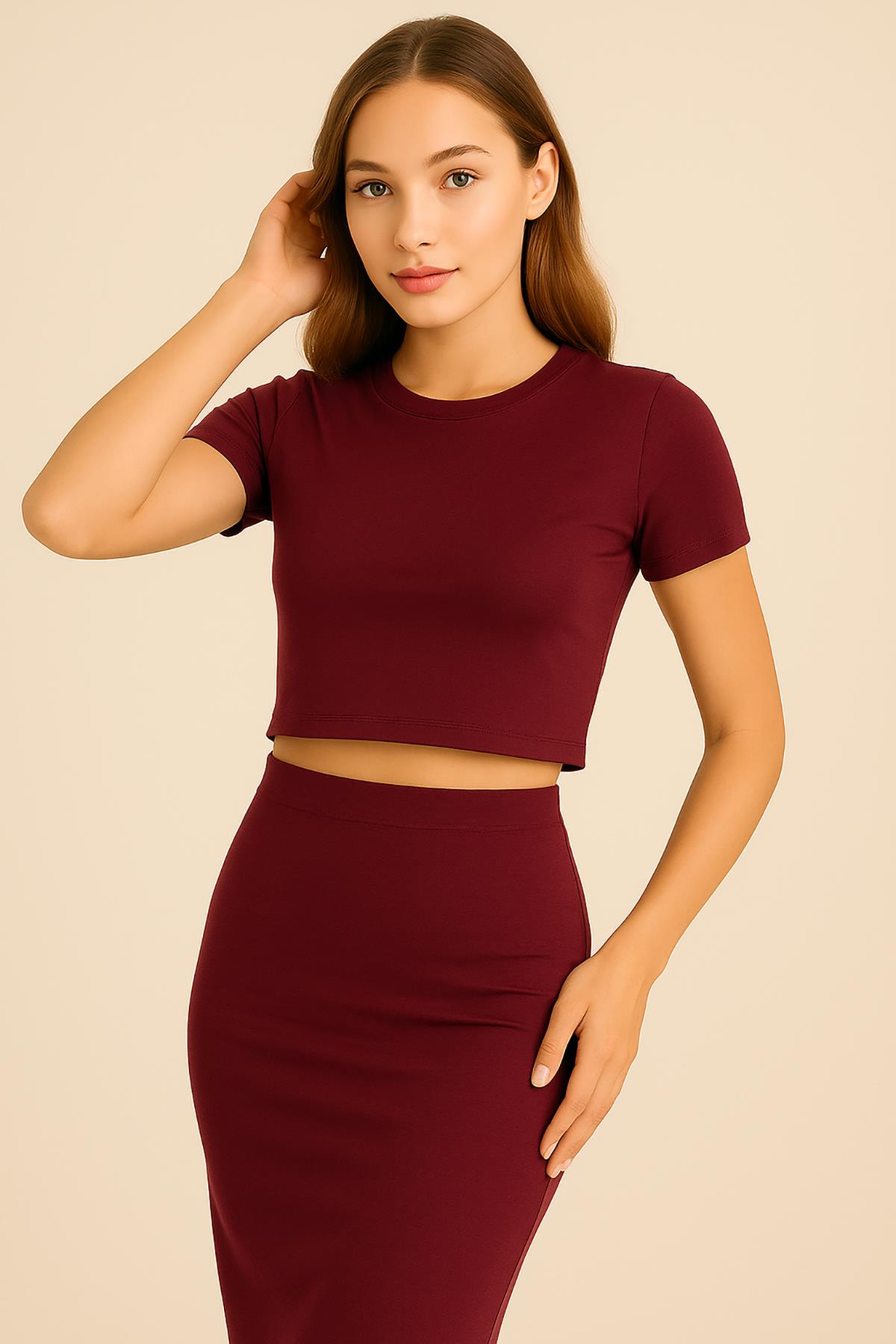 Kadın Crop Etek Takım Bordo
