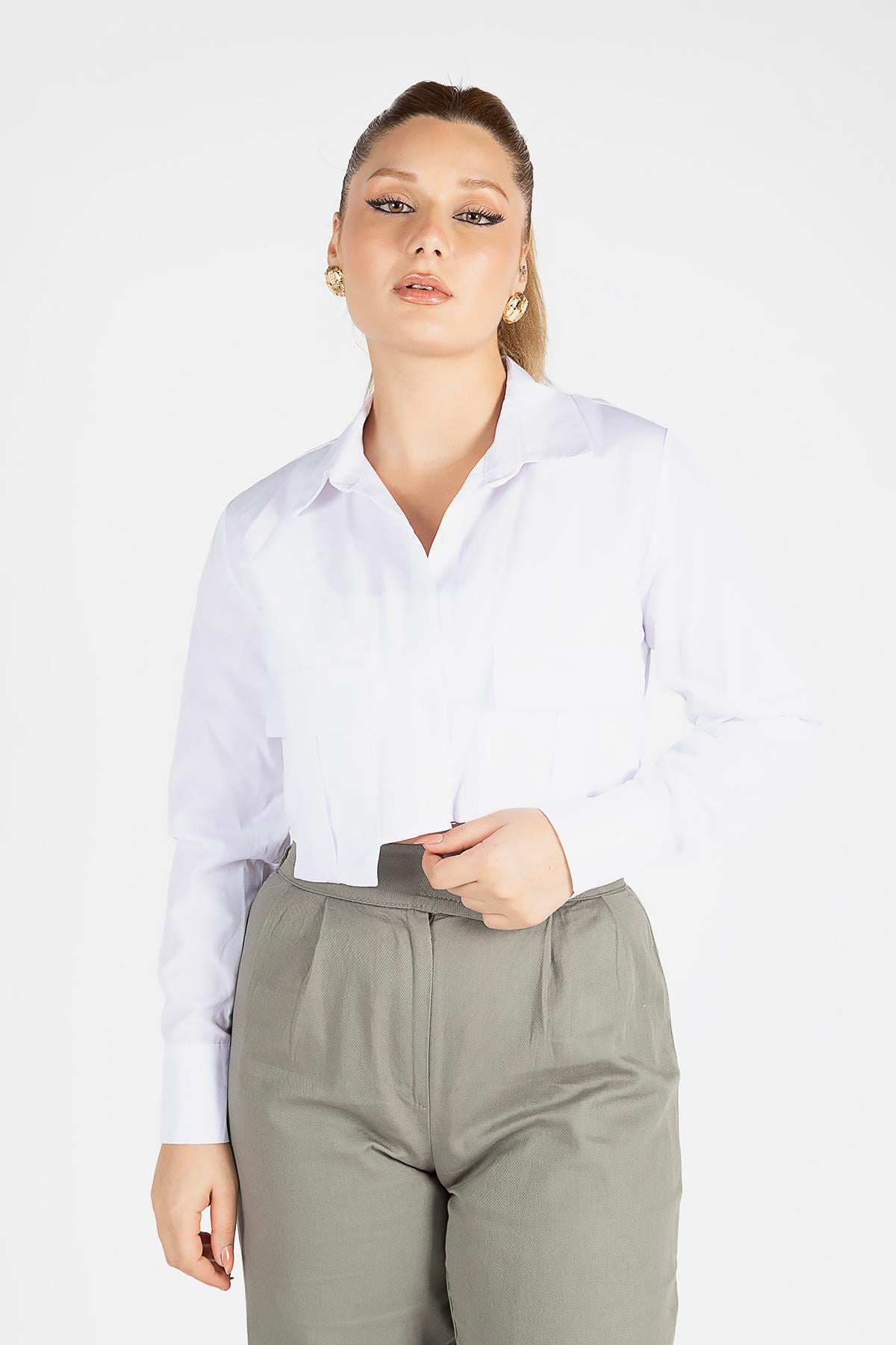 Kadın Crop Gömlek Beyaz