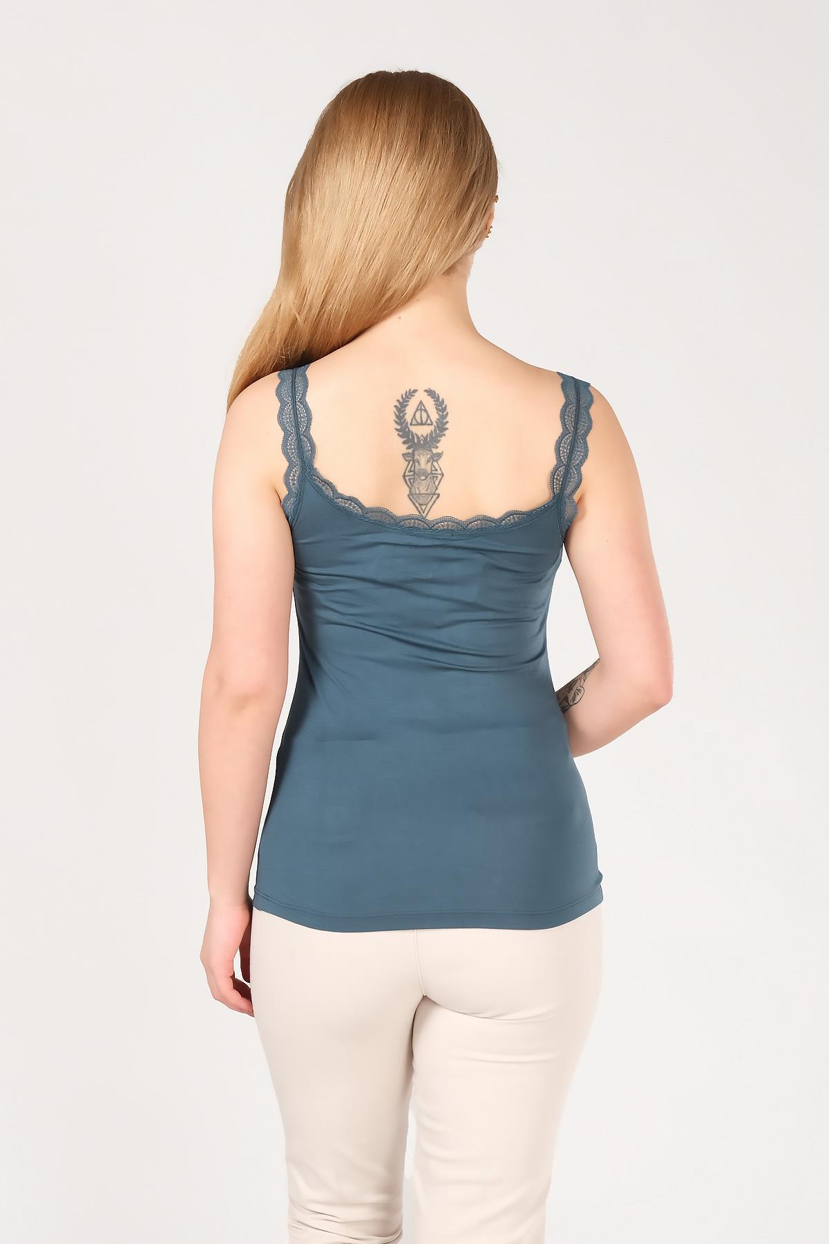 Kadın Dantelli Atlet Petrol Mavi