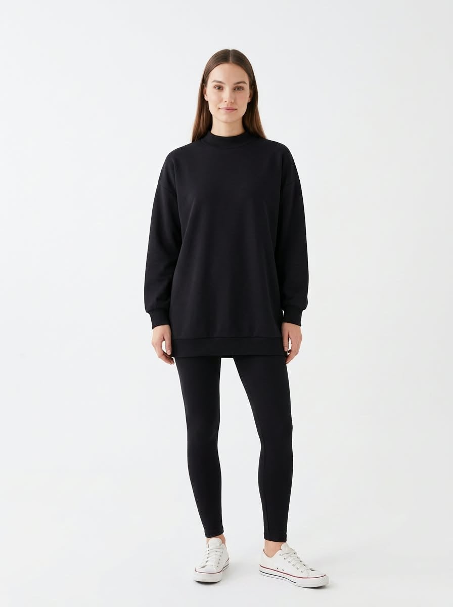 Kadın İki İp Yarım Balıkçı Tunik Sweat Siyah