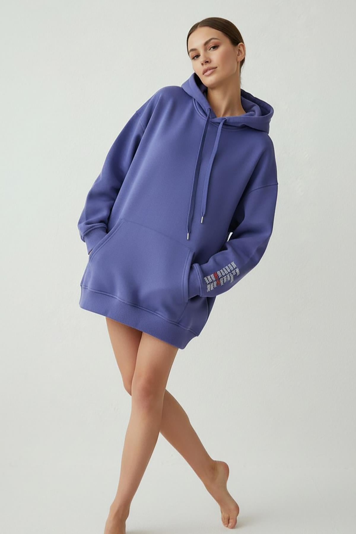 Kadın Jennifer Kapşonlu Kol Yazılı Üç İp Şardonlu Sweatshirt Mor 