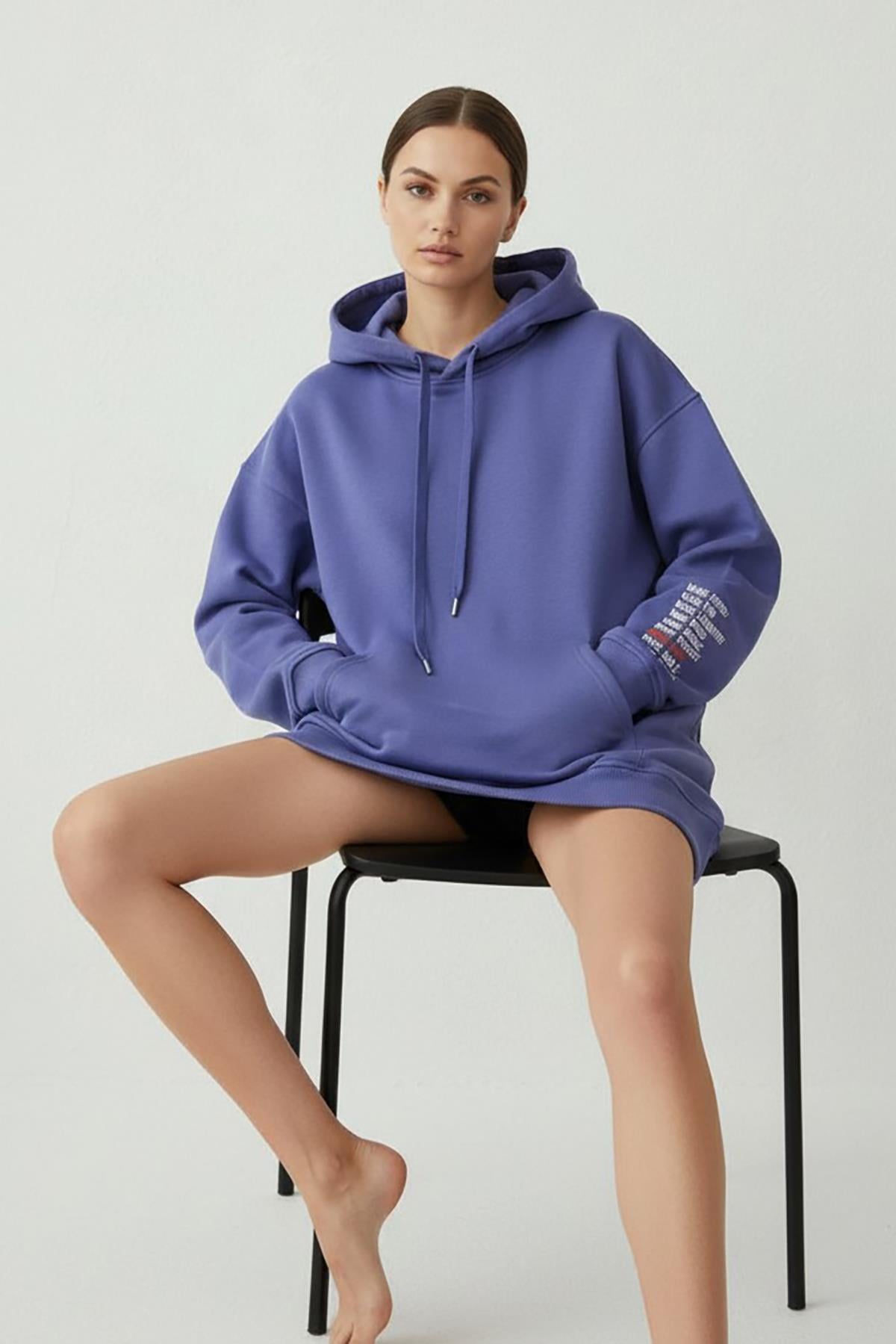 Kadın Jennifer Kapşonlu Kol Yazılı Üç İp Şardonlu Sweatshirt Mor 
