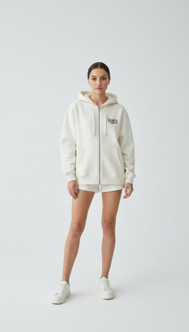 Kadın Kapşonlu Fermuarlı Üç İp Şardonlu Julia Sweatshirt Ekru