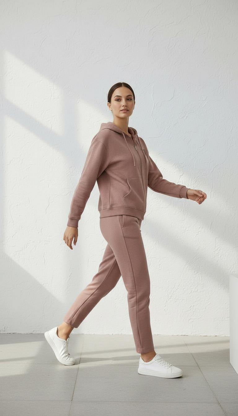 Kadın Kapşonlu Fermuarlı Üç İp Şardonlu Julia Sweatshirt Somon