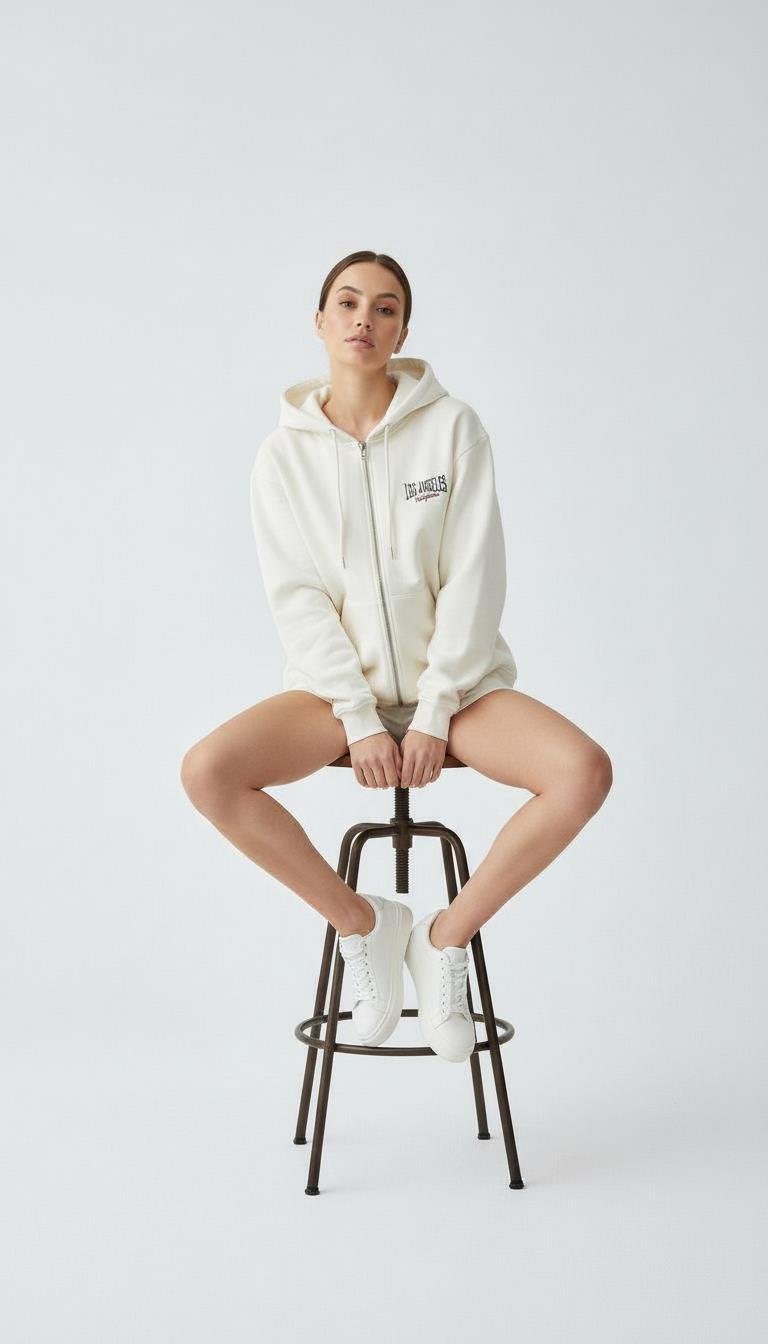 Kadın Kapşonlu Fermuarlı Üç İp Şardonlu Julia Sweatshirt Ekru