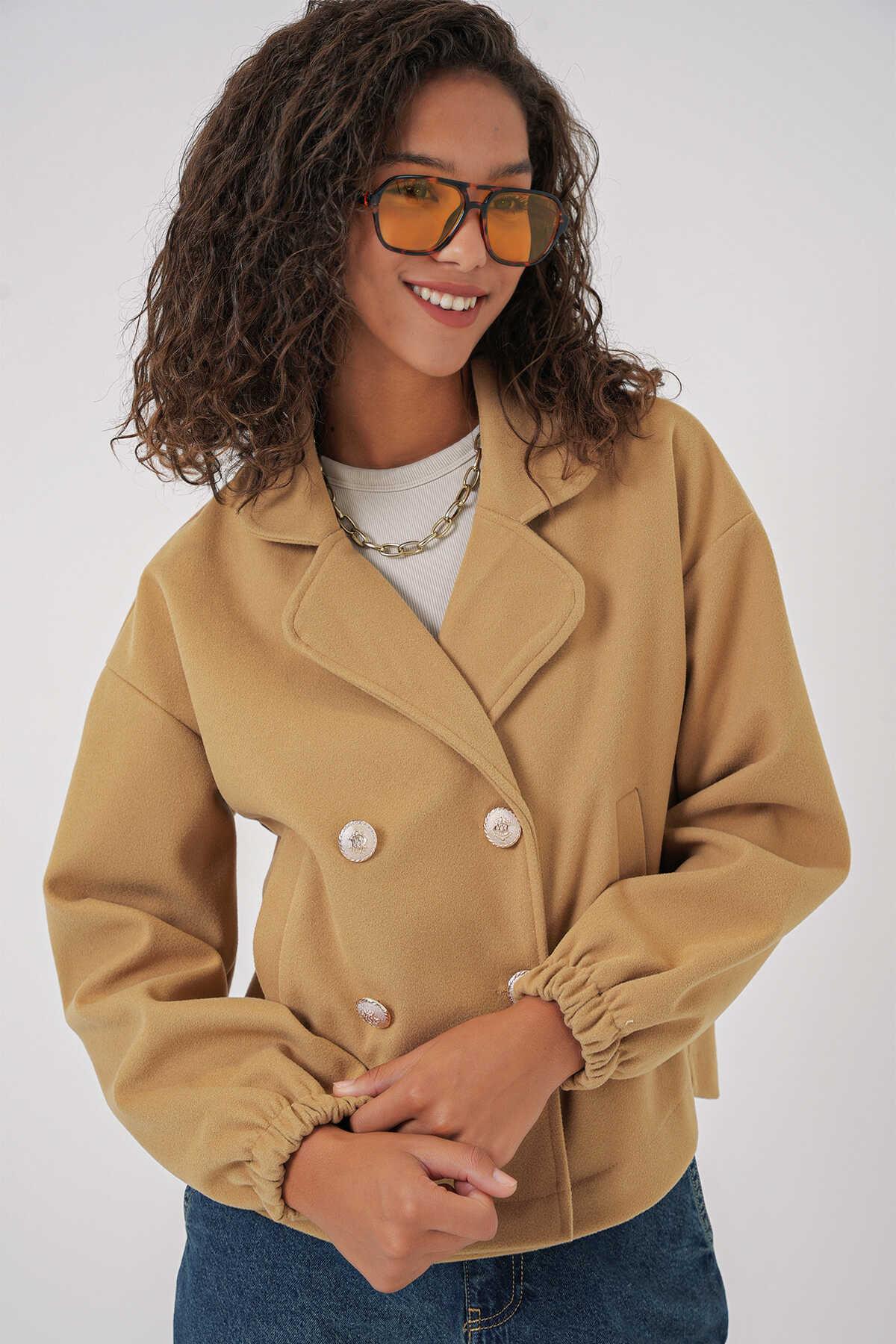 Kadın Kaşe Crop Ceket Camel