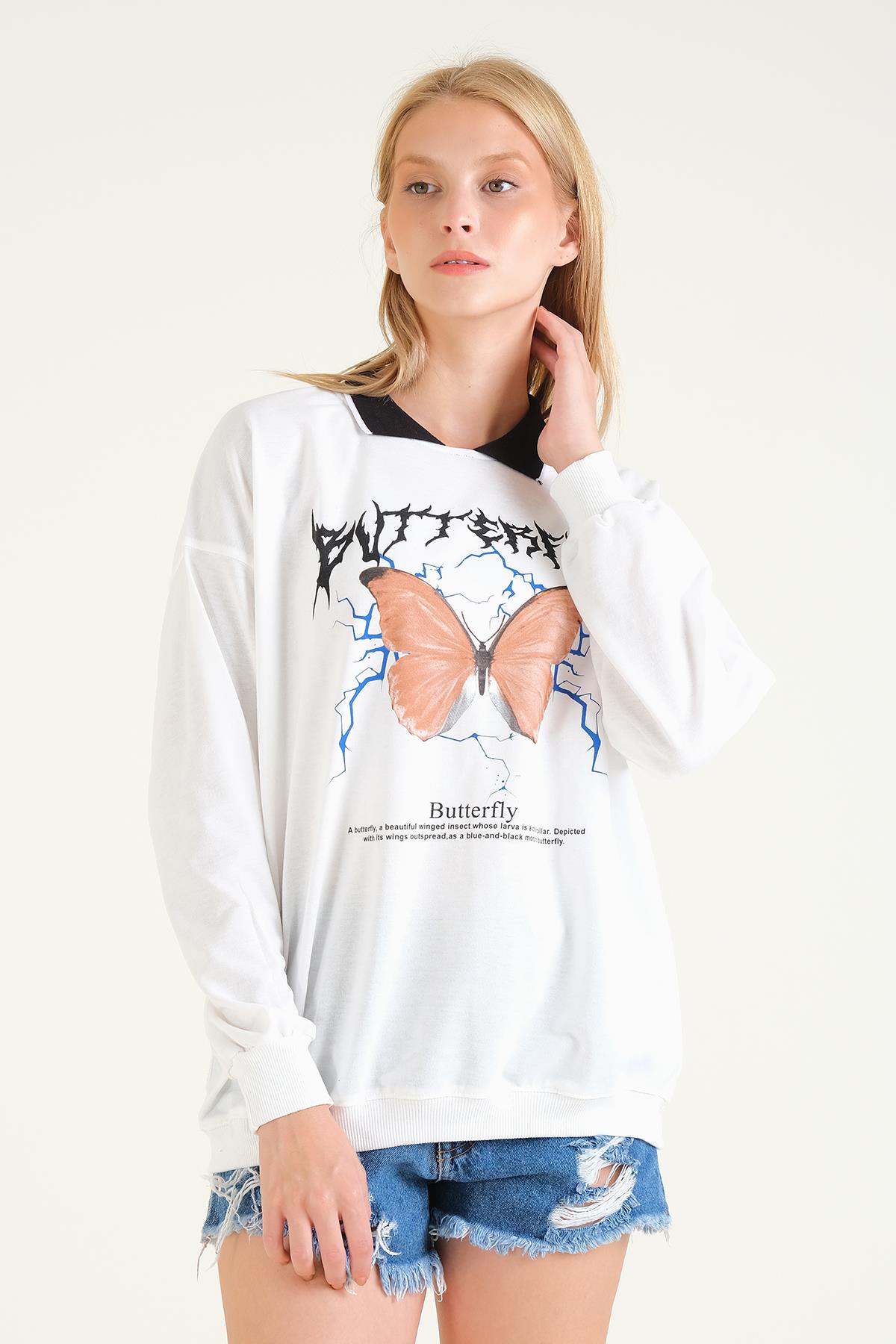 Kadın Kelebek Baskılı Polo Yaka Sweatshirt Siyah