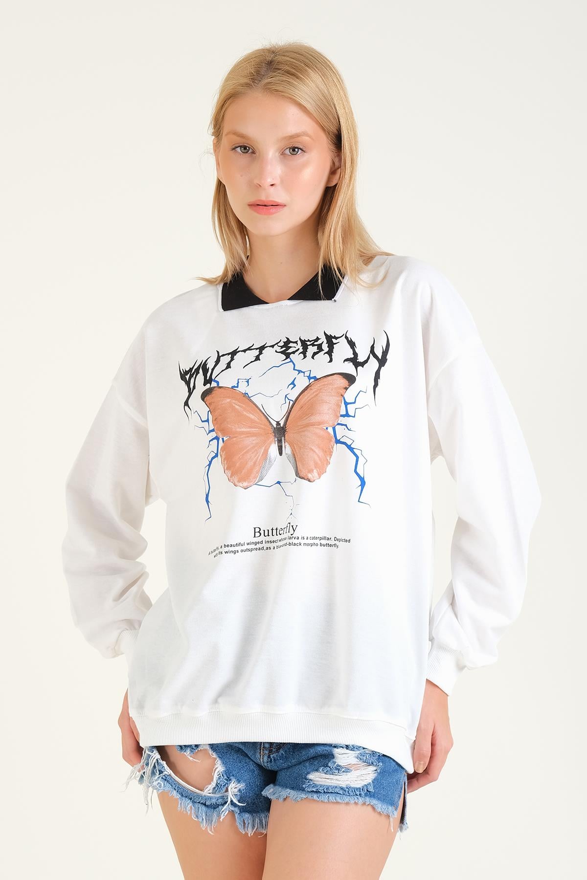 Kadın Kelebek Baskılı Polo Yaka Sweatshirt Siyah