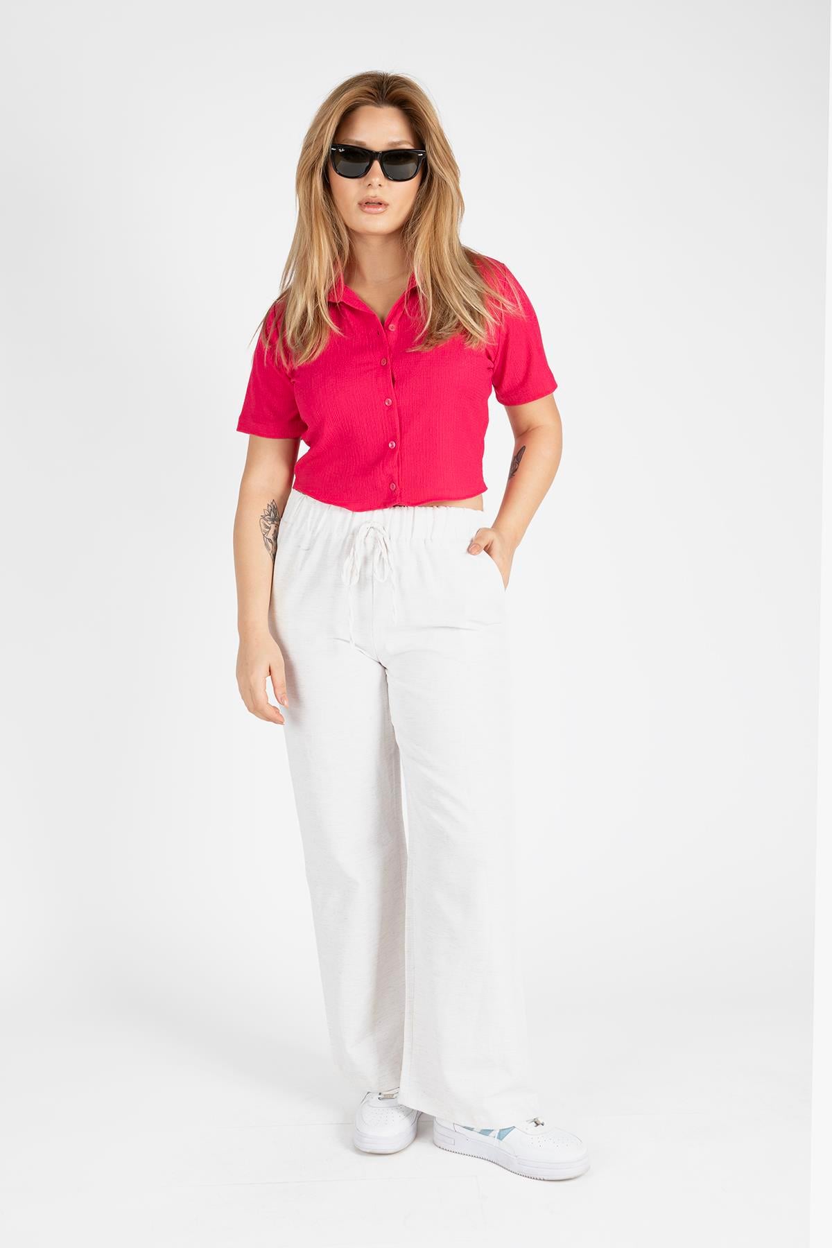 Kadın Kısa Kol Crop Gömlek Fuşya