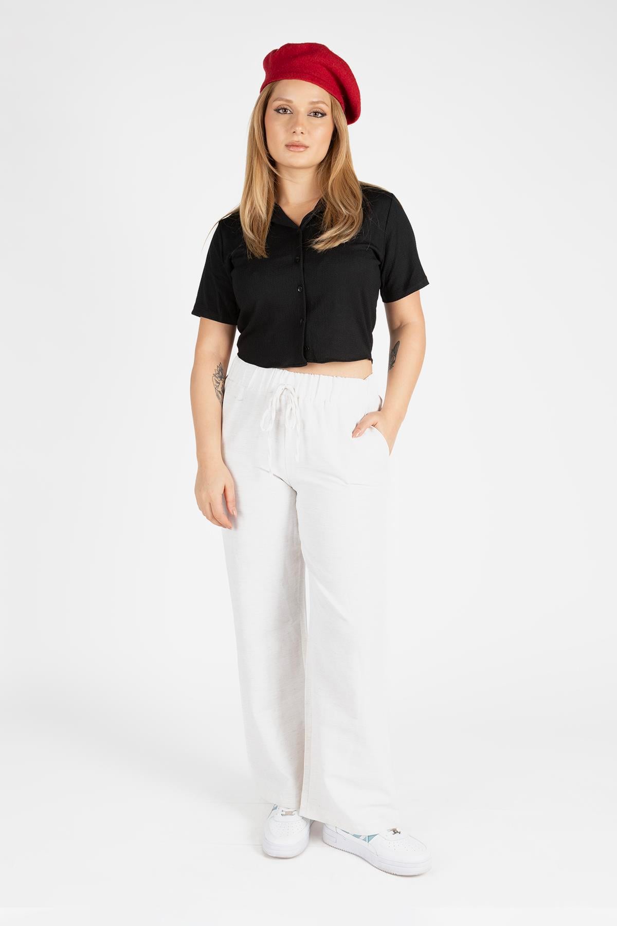 Kadın Kısa Kol Crop Gömlek Siyah