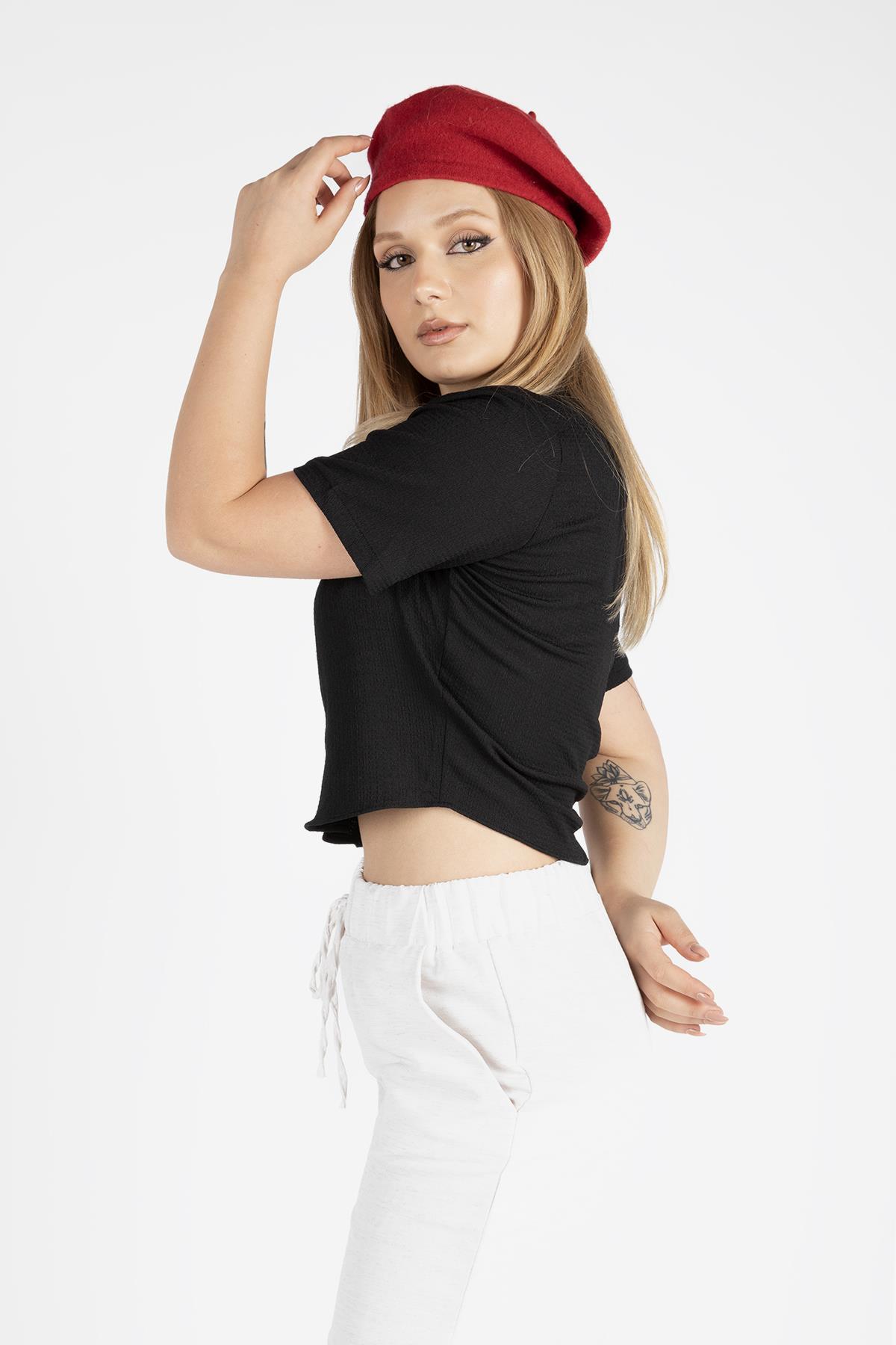 Kadın Kısa Kol Crop Gömlek Siyah