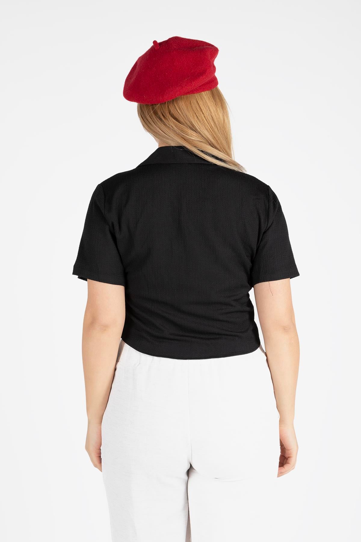 Kadın Kısa Kol Crop Gömlek Siyah