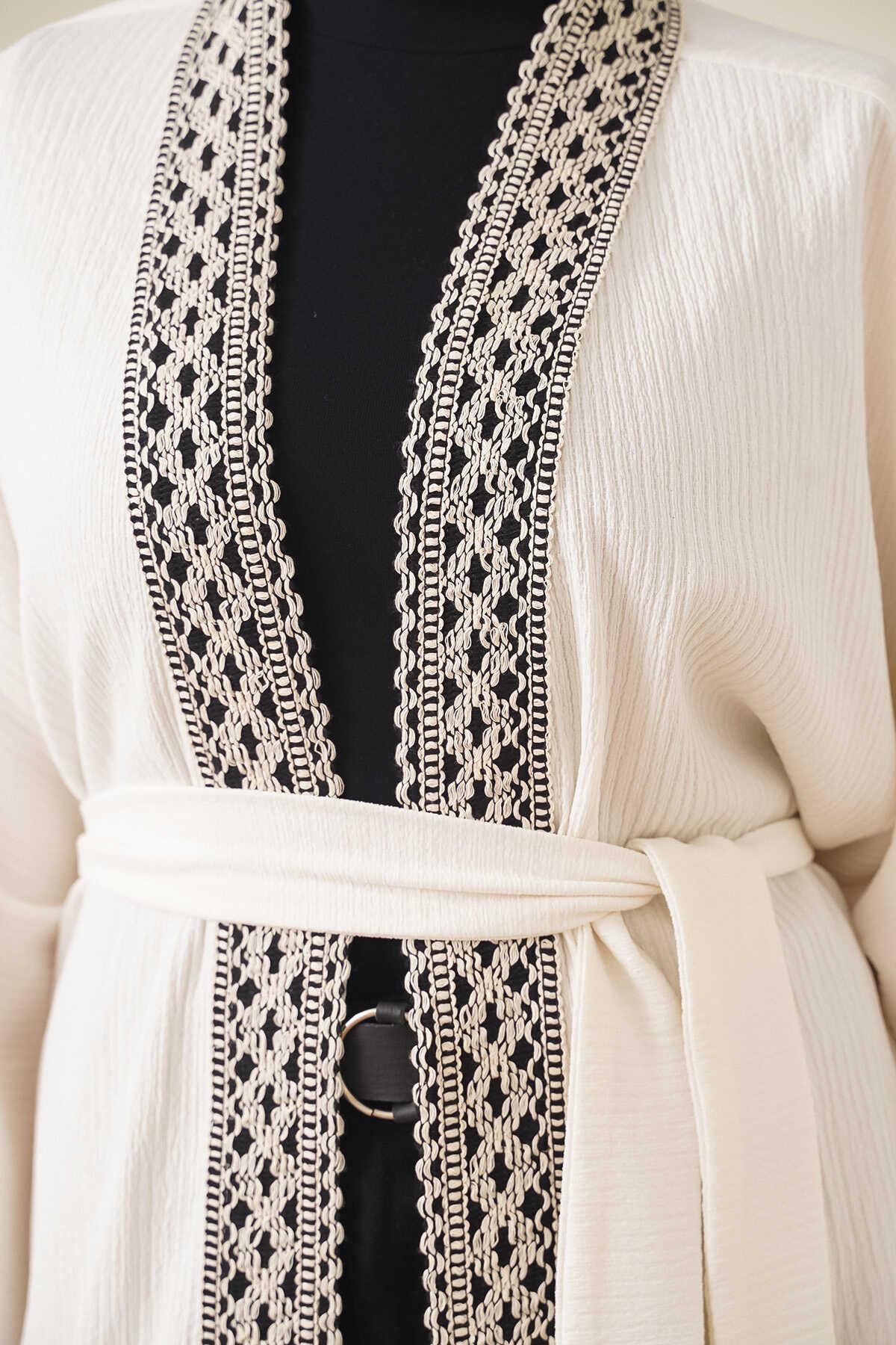 Kadın Nakışlı Örme Uzun Kimono Ekru