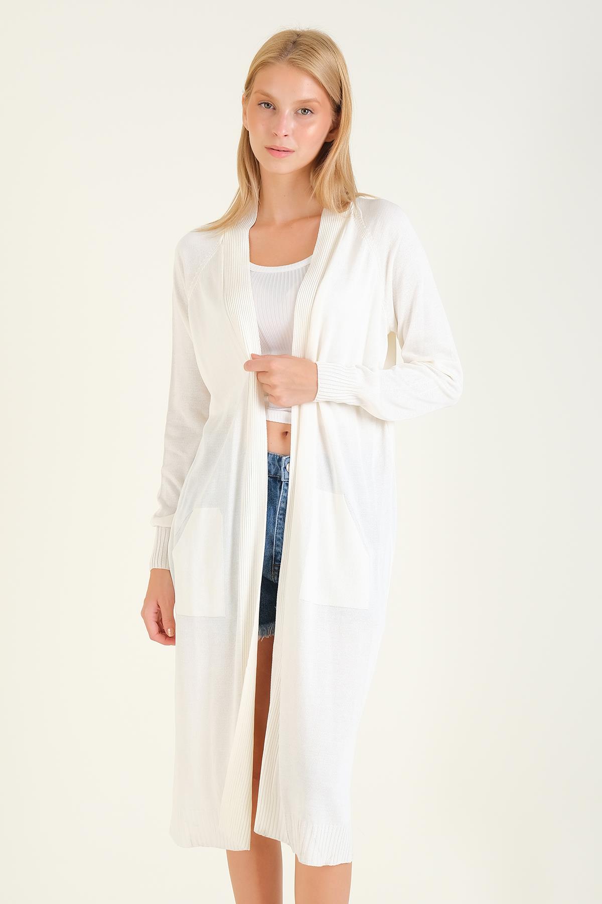 Kadın Oversize Cepli Uzun Hırka Ekru