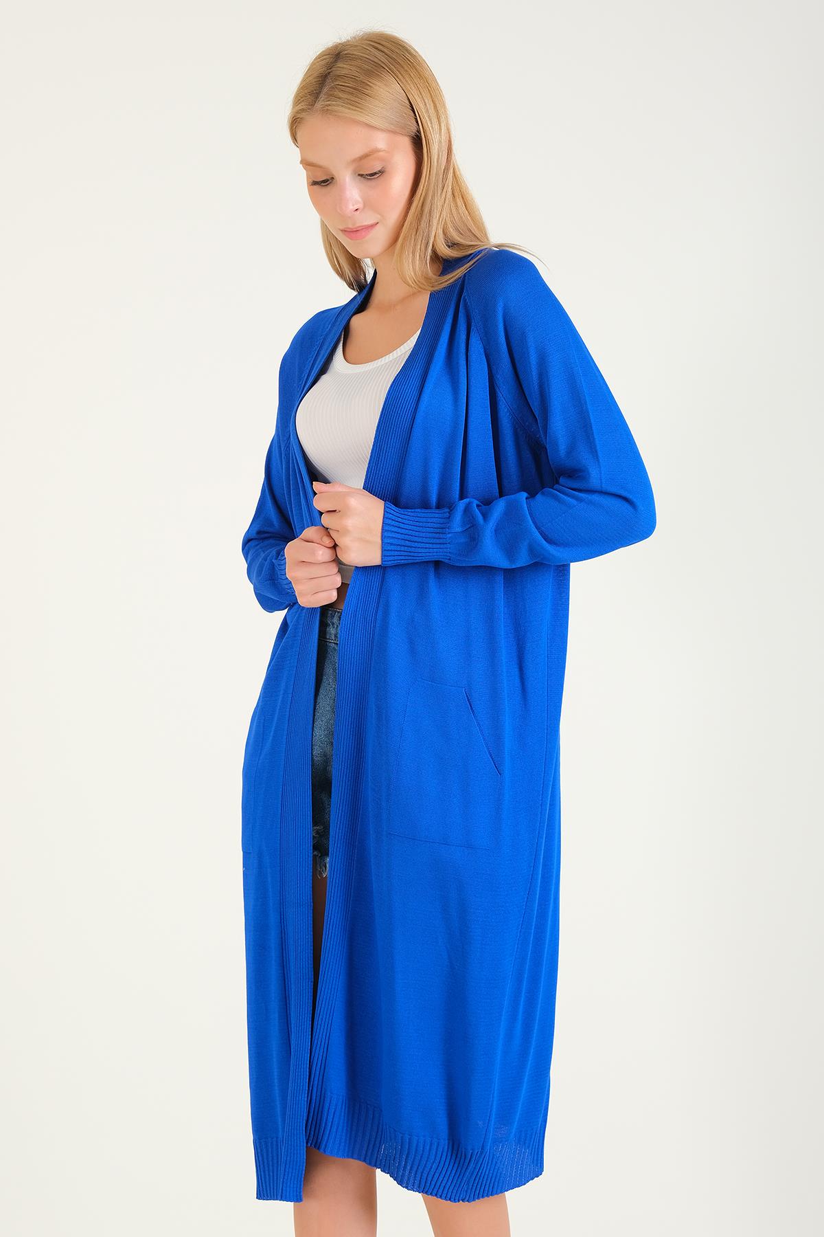 Kadın Oversize Cepli Uzun Hırka Saks Mavi