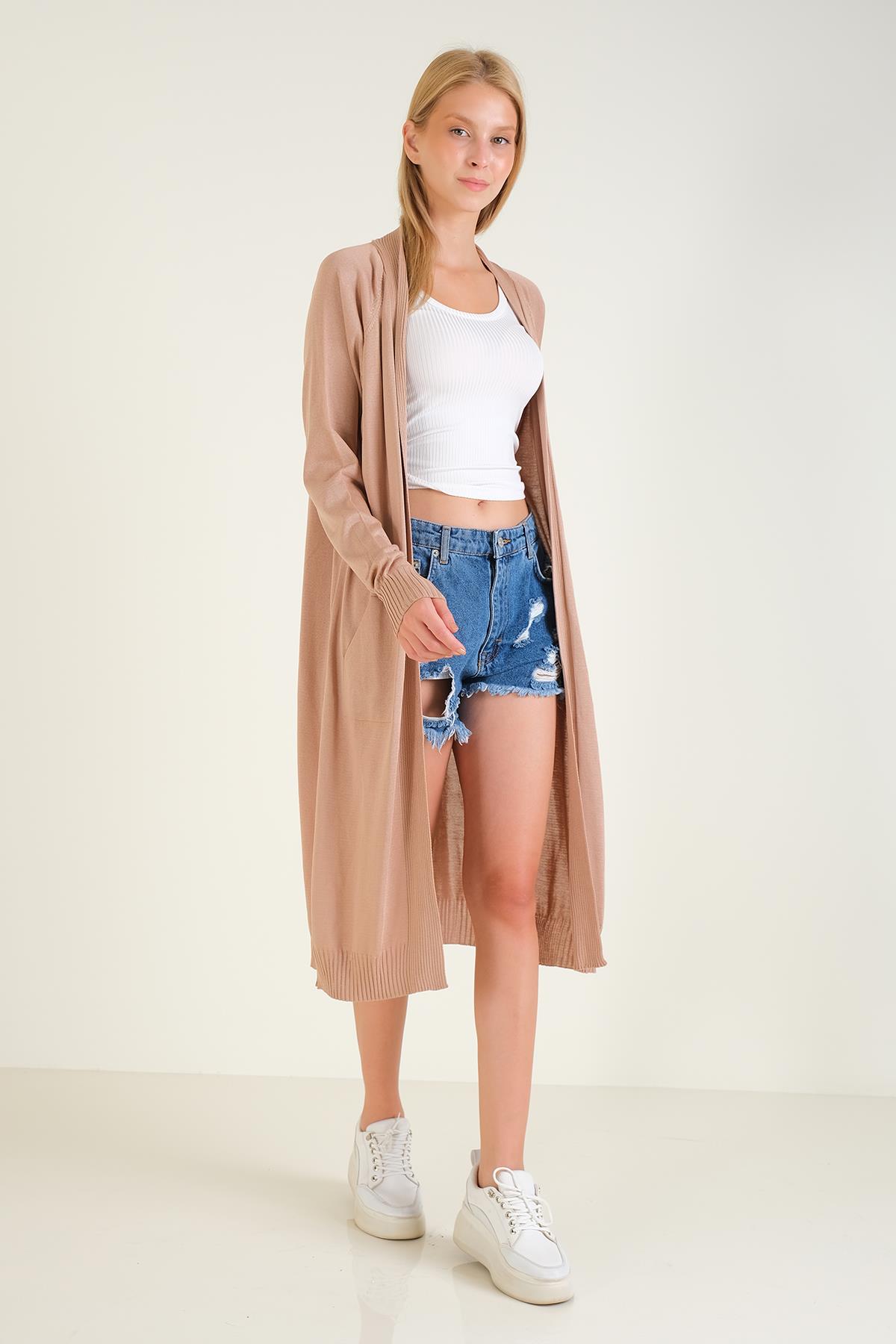 Kadın Oversize Cepli Uzun Hırka Vizon