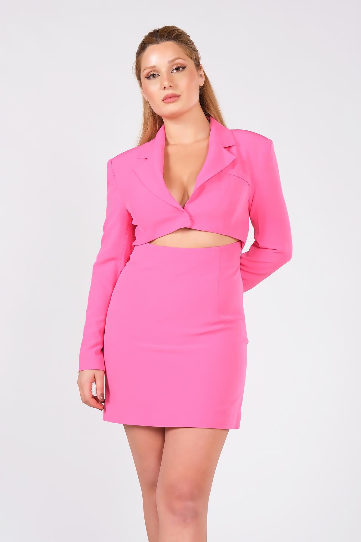 Kadın Pencere Detaylı Uzun Kol Elbise Pembe