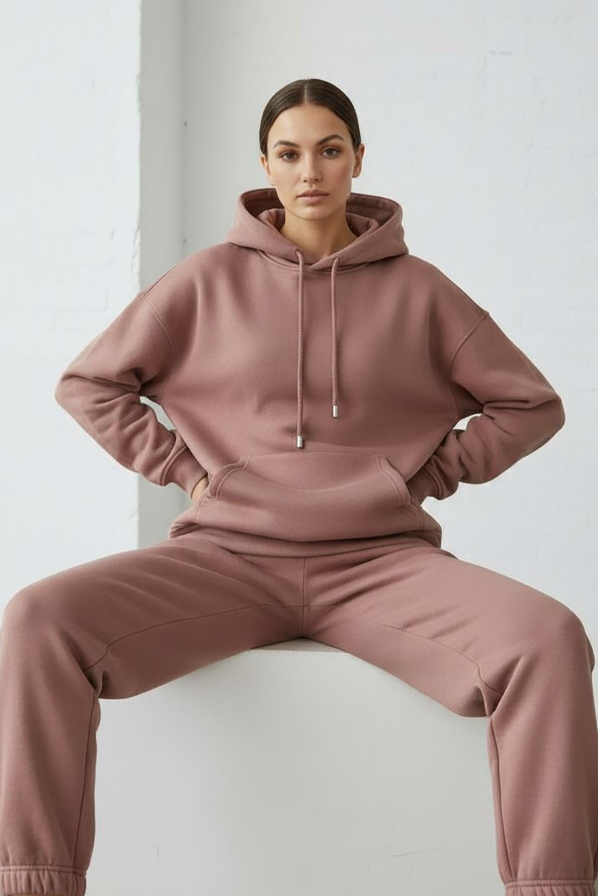 Kadın Pendepe Üç İp Şardonlu Kapşonlu Kanguru Cep Sweatshirt Somon