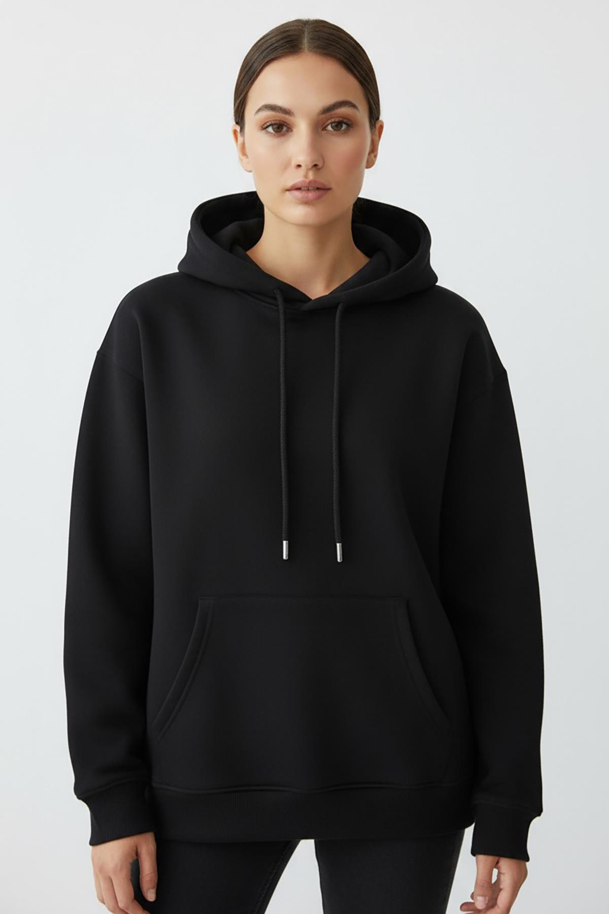 Kadın Pendepe Üç İp Şardonlu Kapşonlu Kanguru Cep Sweatshirt Siyah