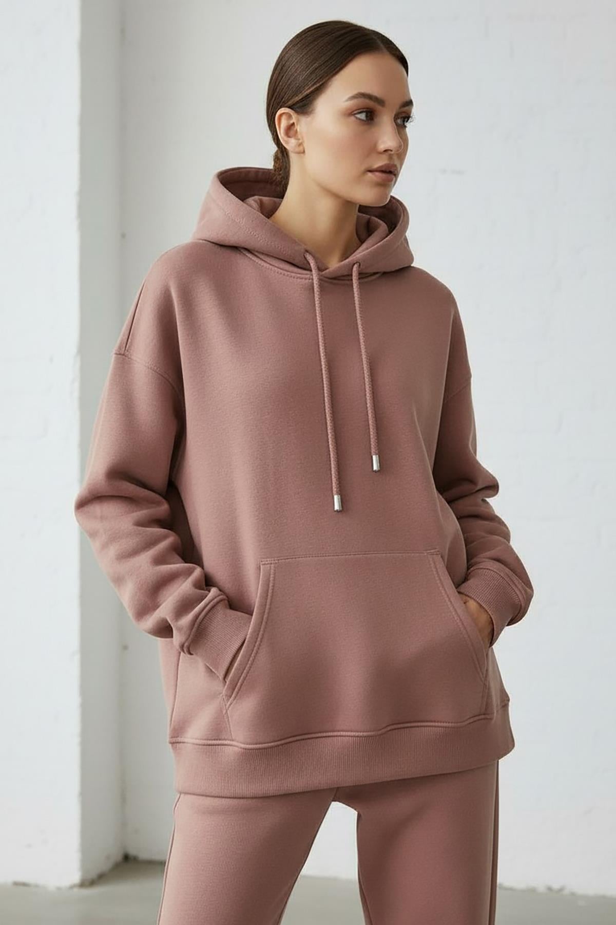 Kadın Pendepe Üç İp Şardonlu Kapşonlu Kanguru Cep Sweatshirt Somon