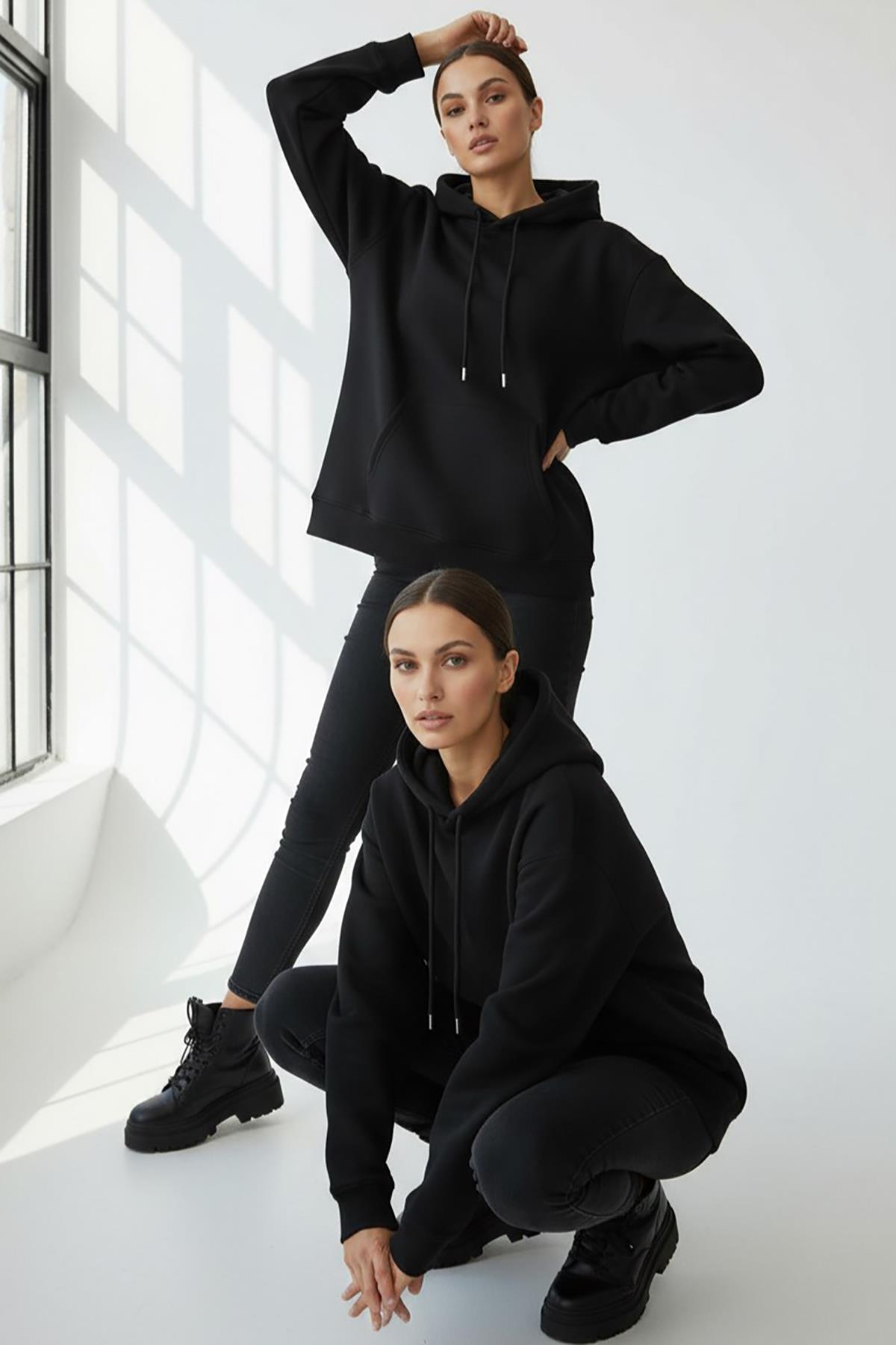 Kadın Pendepe Üç İp Şardonlu Kapşonlu Kanguru Cep Sweatshirt Siyah