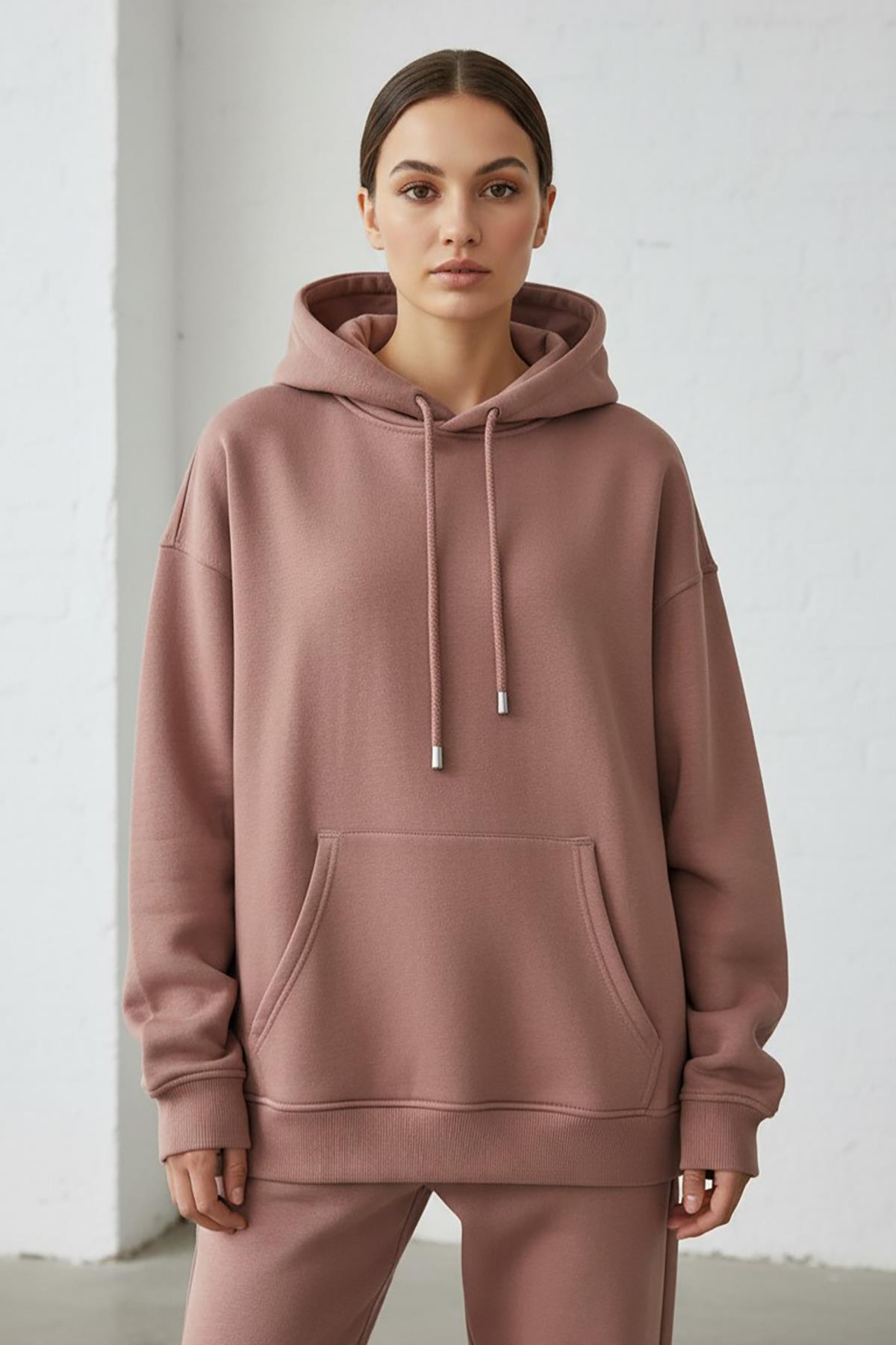 Kadın Pendepe Üç İp Şardonlu Kapşonlu Kanguru Cep Sweatshirt Somon