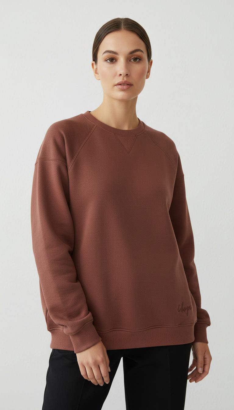 Kadın Sıfır Yaka Üç İp Şardonlu Koty Sweatshirt Kahverengi