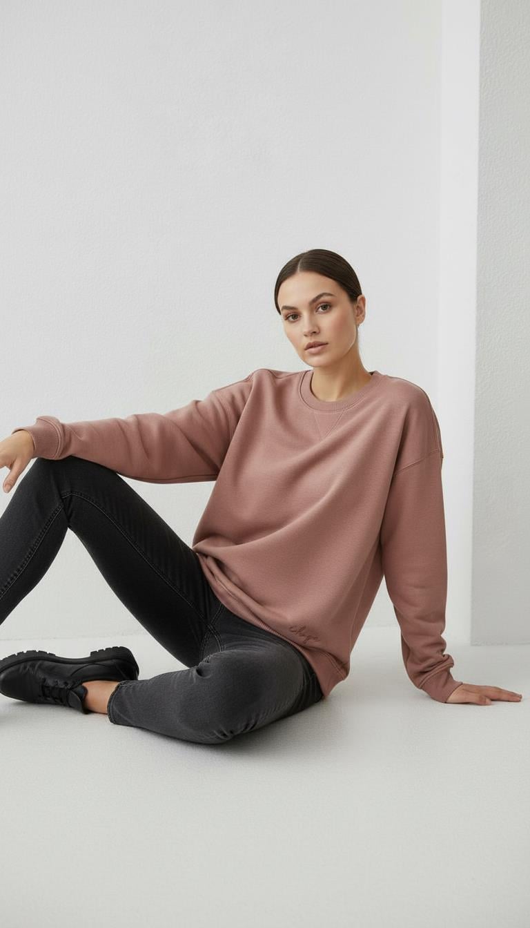 Kadın Sıfır Yaka Üç İp Şardonlu Koty Sweatshirt Somon