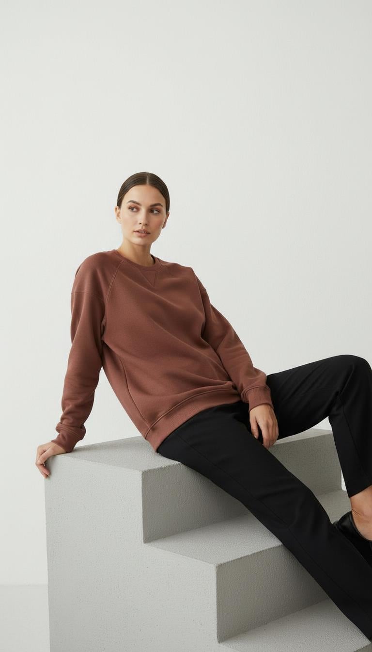 Kadın Sıfır Yaka Üç İp Şardonlu Koty Sweatshirt Kahverengi