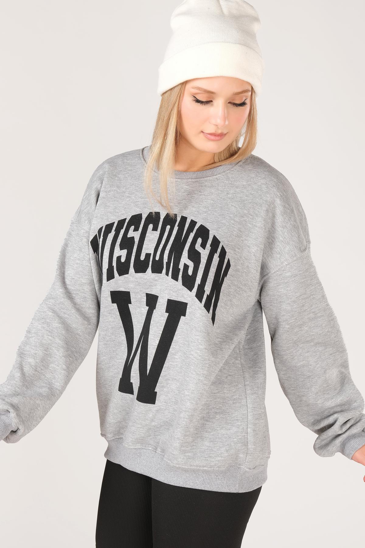 Kadın Sıfır Yaka Winsconsin Baskı Overzie Baskı Sweatshirt Gri