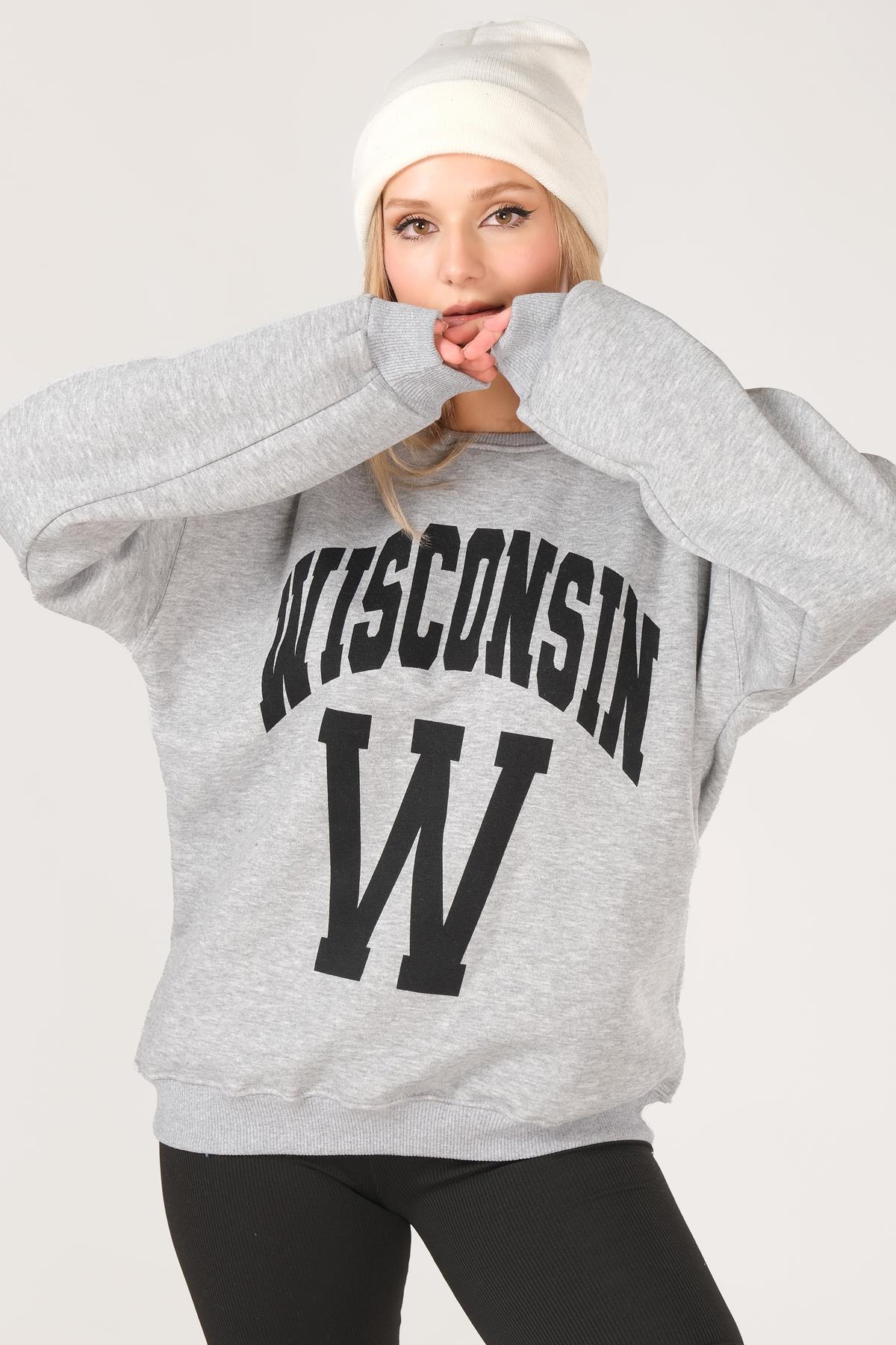 Kadın Sıfır Yaka Winsconsin Baskı Overzie Baskı Sweatshirt Gri