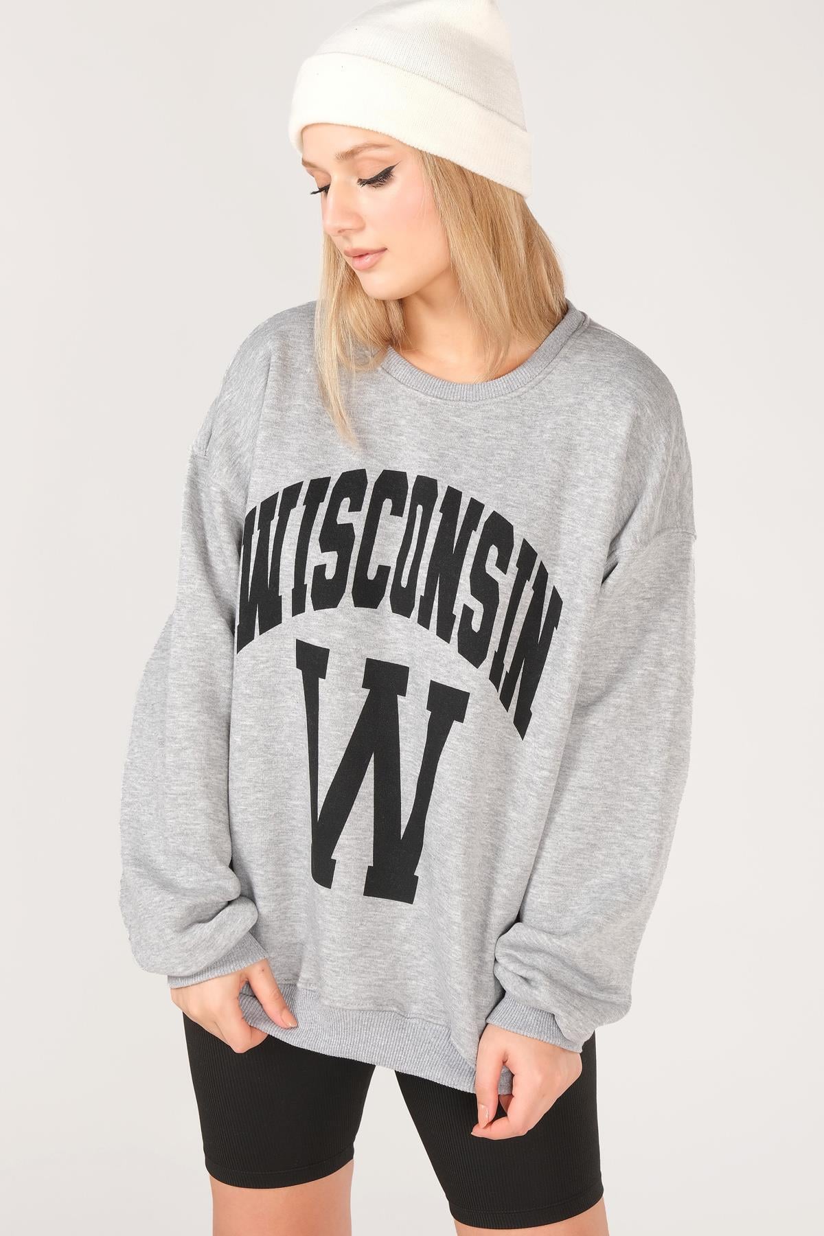 Kadın Sıfır Yaka Winsconsin Baskı Overzie Baskı Sweatshirt Gri