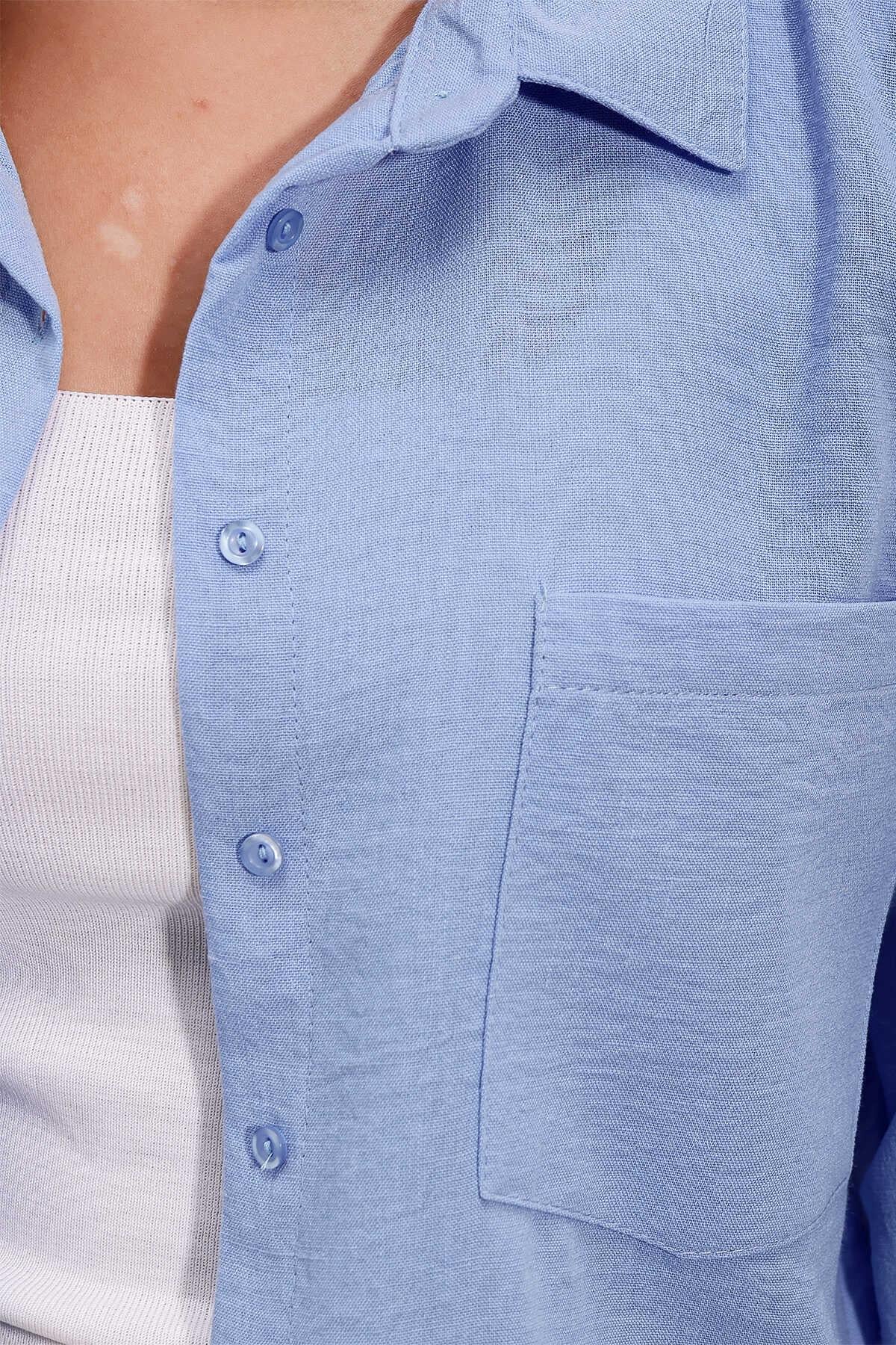 Kadın Tek Cepli Oversize Gömlek Mavi