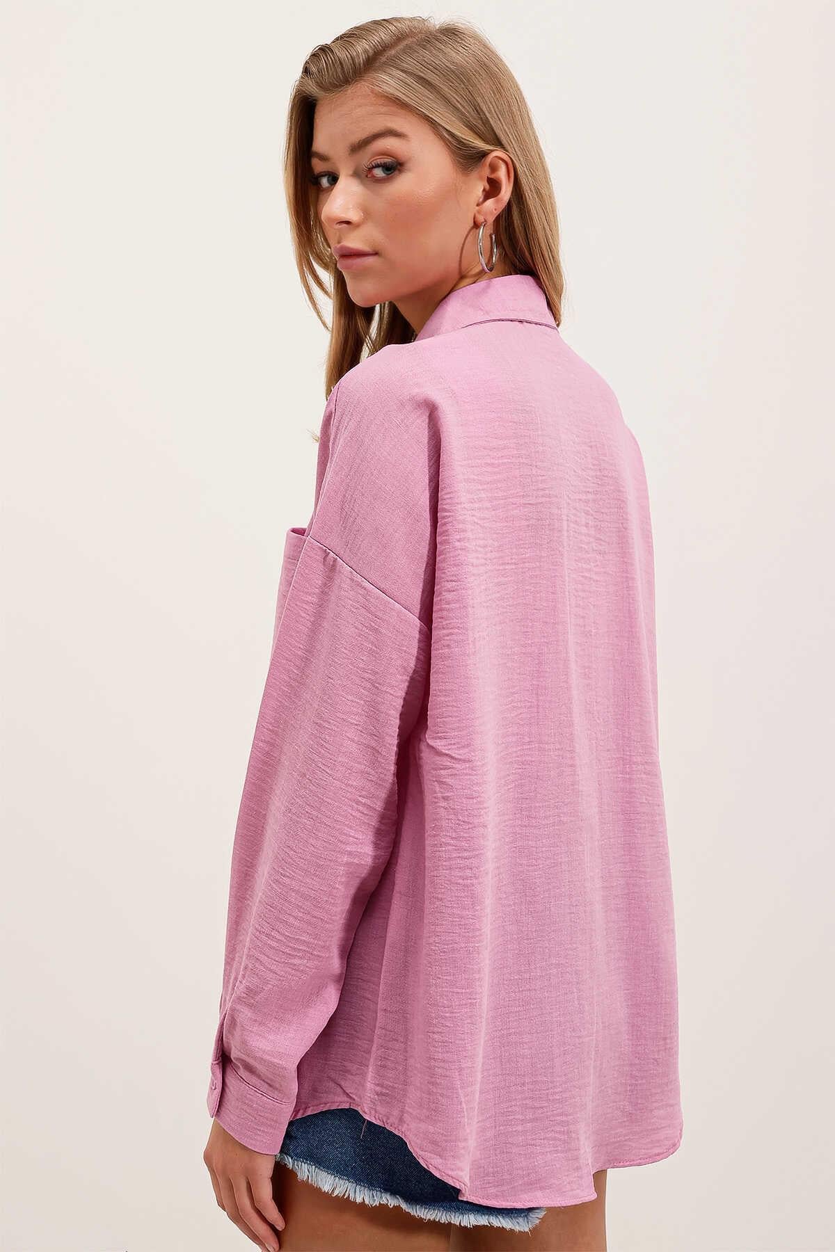 Kadın Tek Cepli Oversize Gömlek Pembe