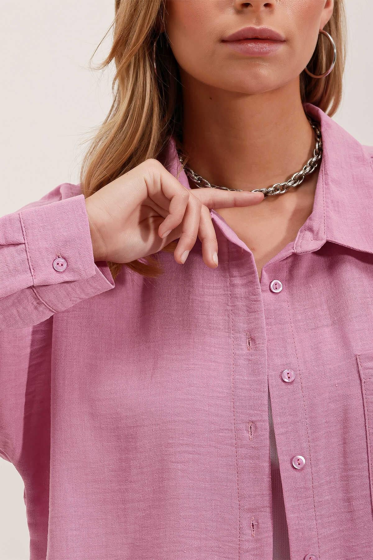 Kadın Tek Cepli Oversize Gömlek Pembe