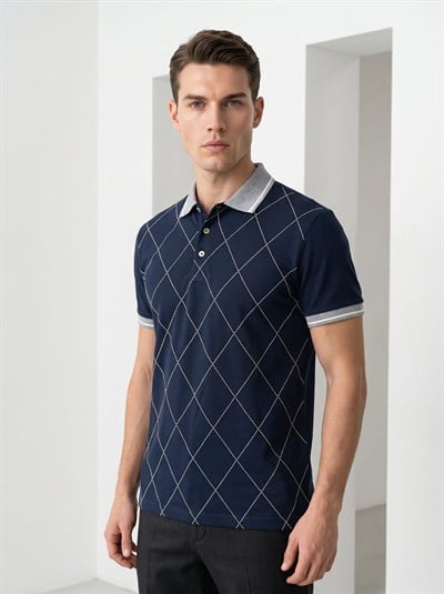 Erkek Baklava Desenli Polo Yaka Tshirt Lacivert
