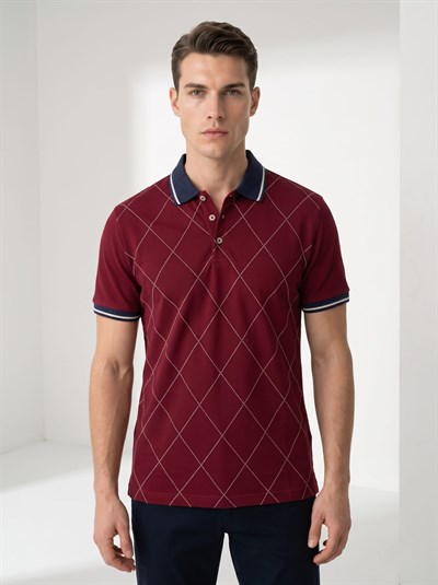 Erkek Baklava Desenli Polo Yaka Tshirt Bordo