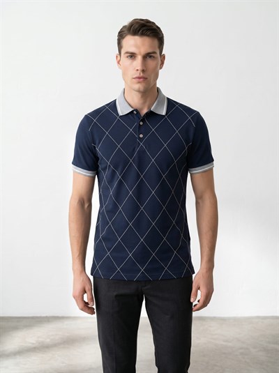 Erkek Baklava Desenli Polo Yaka Tshirt Lacivert