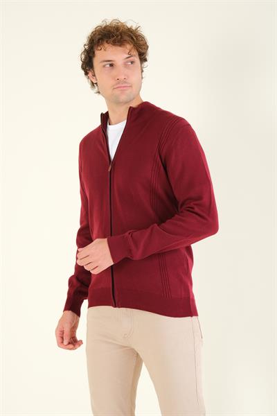 Erkek Biyeli Dik Yaka Fermuarlı Hırka Kırmızı
