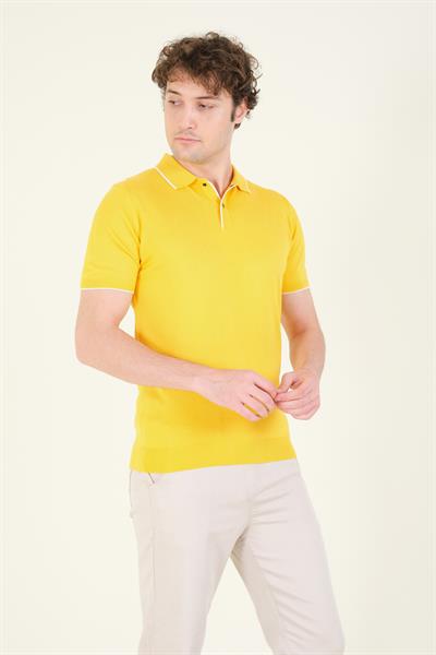 Erkek Çıtçıtlı Yaka Biyeli Merserize T-Shirt Sarı