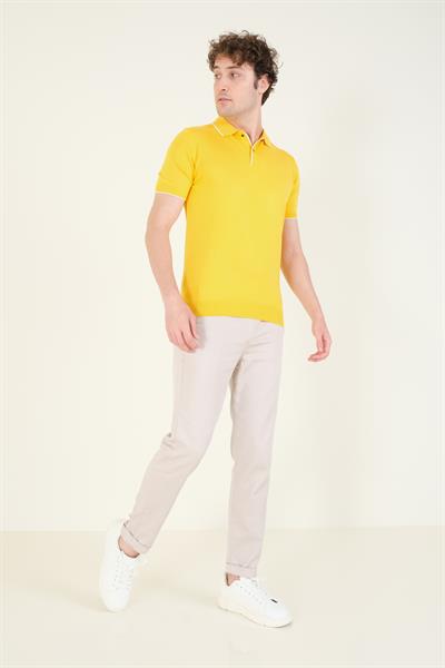 Erkek Çıtçıtlı Yaka Biyeli Merserize T-Shirt Sarı